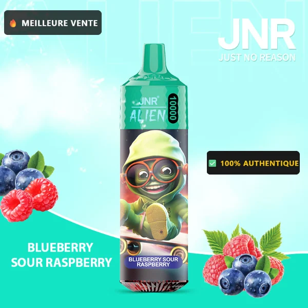 JNR Alien 10K saveur Myrtille Framboise Acidulée (Blueberry Sour Raspberry) — puff jetable rechargeable 10000 bouffees LED RGB Mesh 1.2 Ohm — Livraison France & Belgique