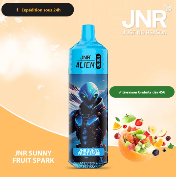 JNR Alien 10K saveur JNR Sunny Fruit Spark — puff jetable rechargeable 10000 bouffees LED RGB Mesh 1.2 Ohm — Livraison France & Belgique