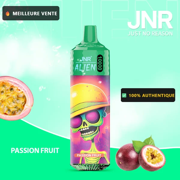 JNR Alien 10K saveur Fruit de la Passion (Passion Fruit) — puff jetable rechargeable 10000 bouffees LED RGB Mesh 1.2 Ohm — Livraison France & Belgique