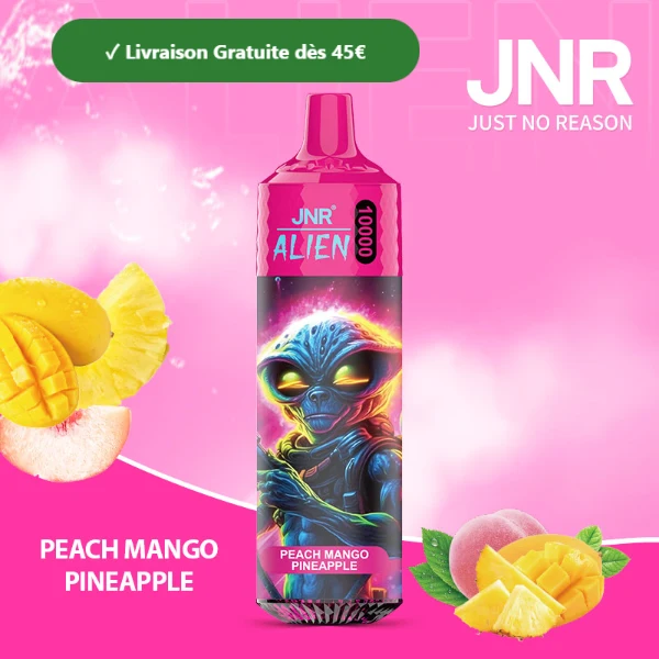 JNR Alien 10K saveur Pêche Mangue Ananas (Peach Mango Pineapple) — puff jetable rechargeable 10000 bouffees LED RGB Mesh 1.2 Ohm — Livraison France & Belgique