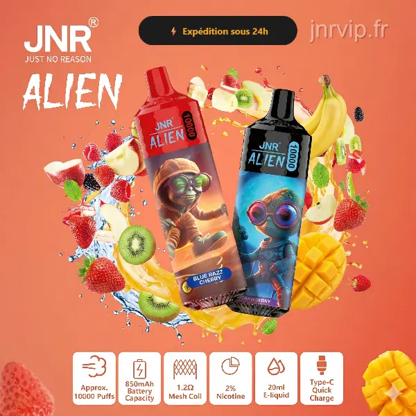 JNR Alien 10K — Puff Jetable Rechargeable 10000 Bouffees LED RGB, Mesh 1.2 Ohm 20ml, USB Type-C — Serie Alien JNR Vape France Belgique