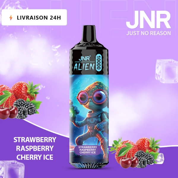 JNR Alien 10K saveur Fraise Framboise Cerise Glacée (Strawberry Raspberry Cherry Ice) — puff jetable rechargeable 10000 bouffees LED RGB Mesh 1.2 Ohm — Livraison France & Belgique