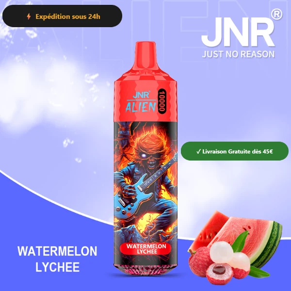 JNR Alien 10K saveur Pastèque Litchi (Watermelon Lychee) — puff jetable rechargeable 10000 bouffees LED RGB Mesh 1.2 Ohm — Livraison France & Belgique
