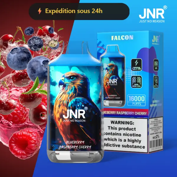 JNR Falcon 16K saveur Myrtille Framboise Cerise (Blueberry Raspberry Cherry) — puff jetable 16000 bouffees Double Mesh Crystal Craft — Livraison France & Belgique