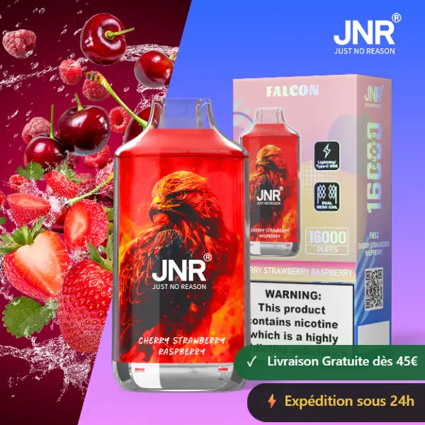 JNR Falcon 16K saveur Cerise Fraise Framboise (Cherry Strawberry Raspberry) — puff jetable 16000 bouffees Double Mesh Crystal Craft — Livraison France & Belgique