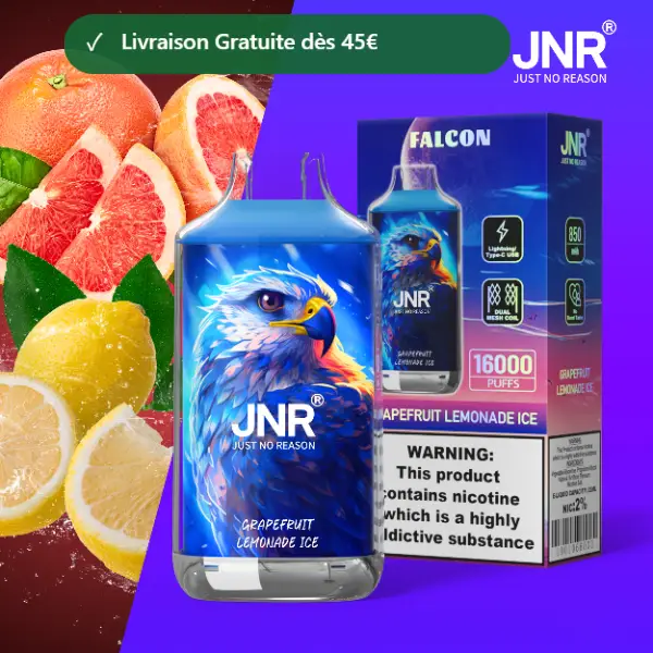 JNR Falcon 16K saveur Pamplemousse Limonade Glacée (Grapefruit Lemonade Ice) — puff jetable 16000 bouffees Double Mesh Crystal Craft — Livraison France & Belgique