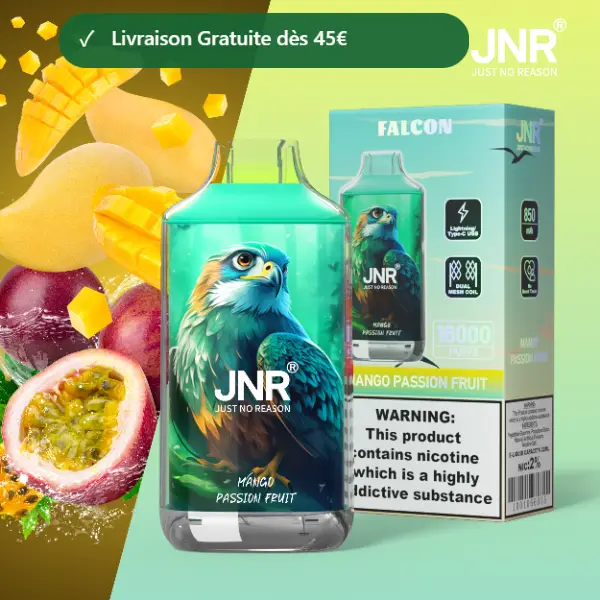 JNR Falcon 16K saveur Mangue Fruit de la Passion (Mango Passion Fruit) — puff jetable 16000 bouffees Double Mesh Crystal Craft — Livraison France & Belgique