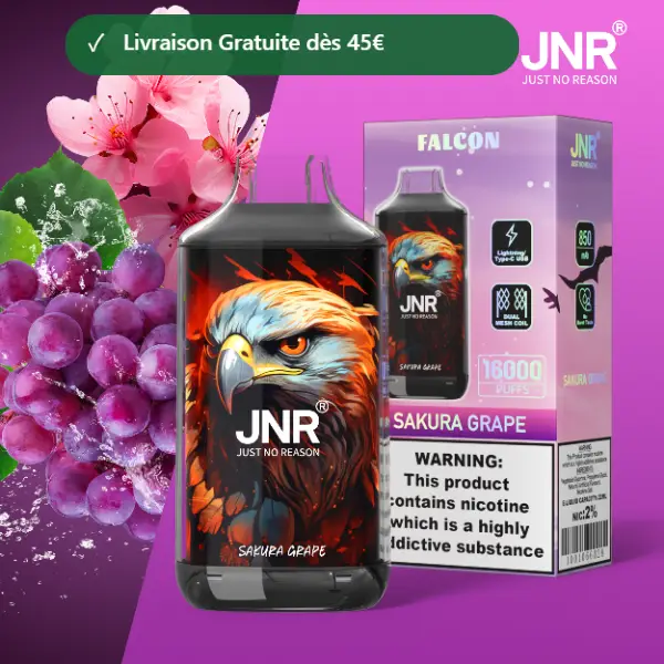 JNR Falcon 16K saveur Sakura Raisin (Sakura Grape) — puff jetable 16000 bouffees Double Mesh Crystal Craft — Livraison France & Belgique