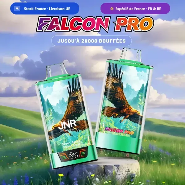 JNR Falcon Pro 28K — Puff Jetable MTL Rechargeable 28000 Bouffees Smart Screen, Dual Mesh Coil 30ml, USB Type-C — Serie Falcon Pro Stronger JNR Vape France Belgique