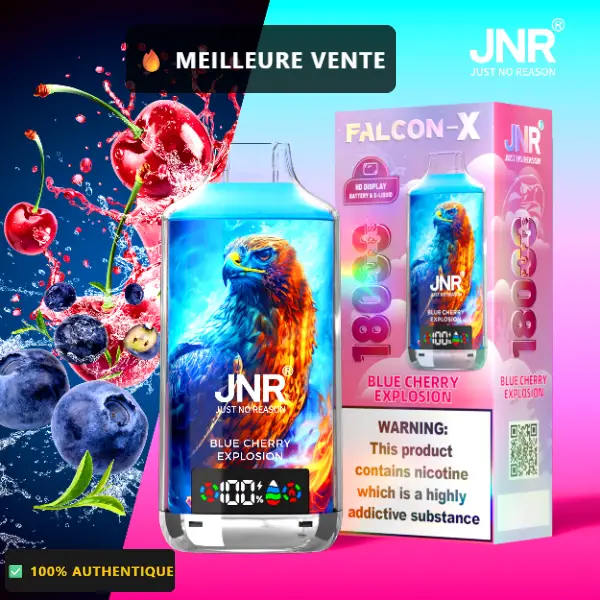 JNR Falcon X 18K saveur Blue Cherry Explosion (Blue Cherry Explosion) — puff jetable 18000 bouffees Double Mesh Dual Core 0.6 Ohm — Livraison France & Belgique