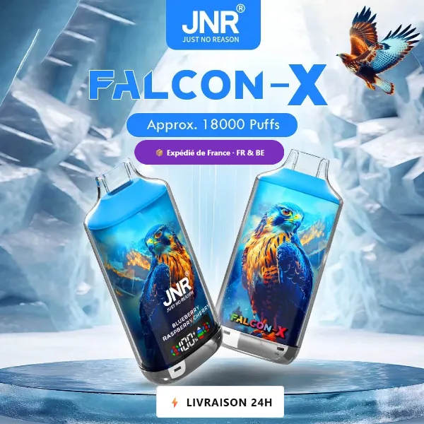 JNR Falcon X 18K — Puff Jetable Rechargeable 18000 Bouffees Ecran LED Digital, Double Mesh Dual Core 0.6 Ohm, USB Type-C — Serie Falcon X JNR Vape France Belgique