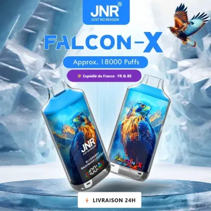 JNR Falcon X 18K — Puff Jetable Rechargeable 18000 Bouffees Ecran LED Digital, Double Mesh Dual Core 0.6 Ohm, USB Type-C — Serie Falcon X JNR Vape France Belgique