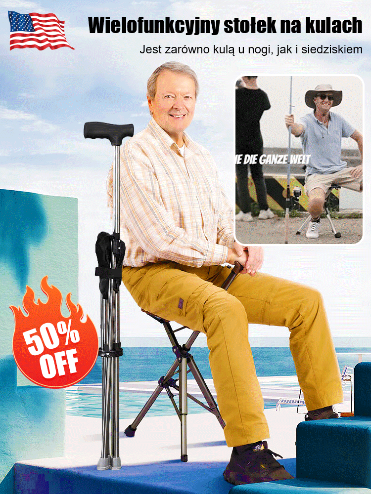 【Projektowany przez doktora z Harvardu】Zewnętrzne składane krzesło o kulach dla osób starszych chodzący stołek o kulach✨Może błyskawicznie zmienić się z laski w stołek