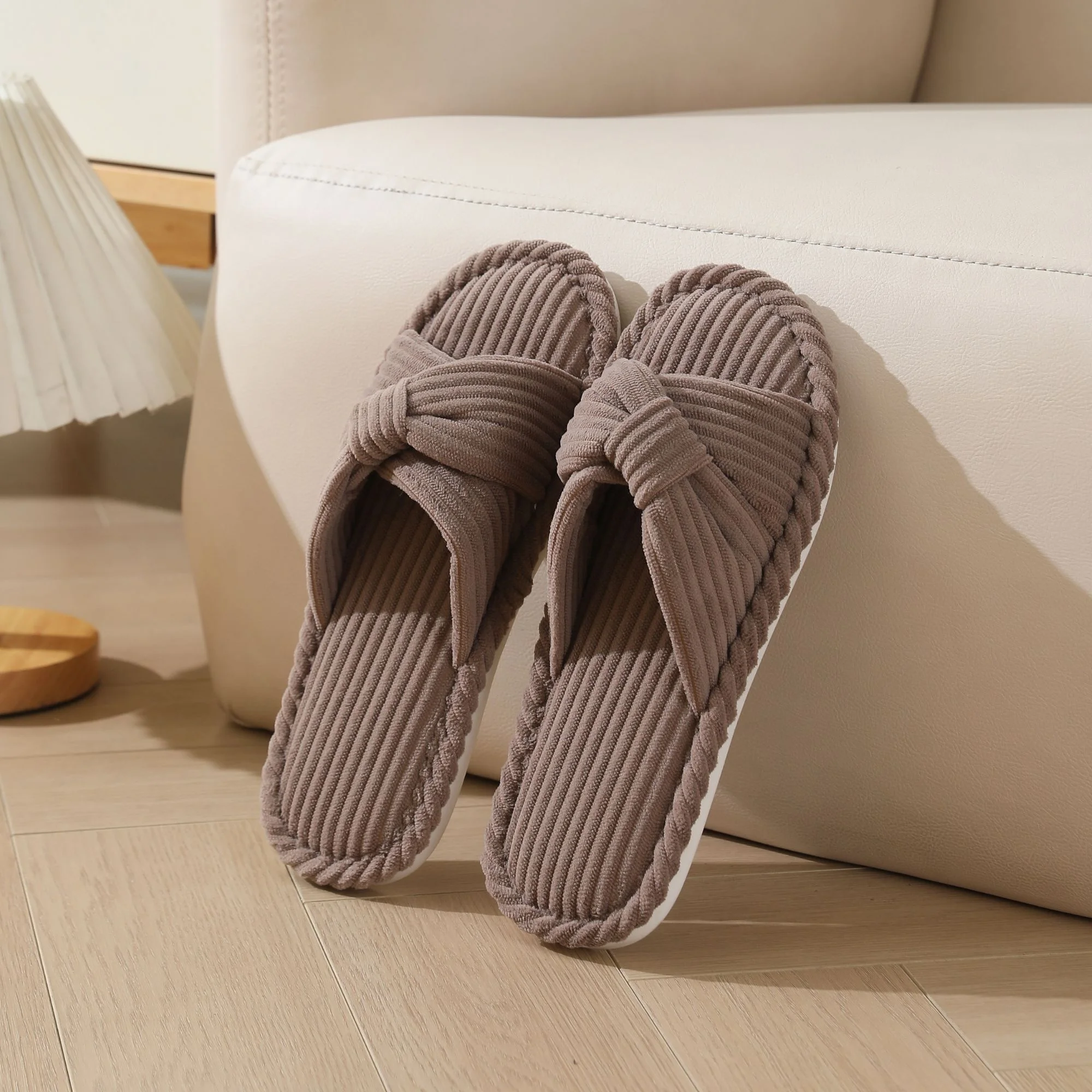 Memory Foam House Bedroom Shoes Corduroy Bow Crossbands 