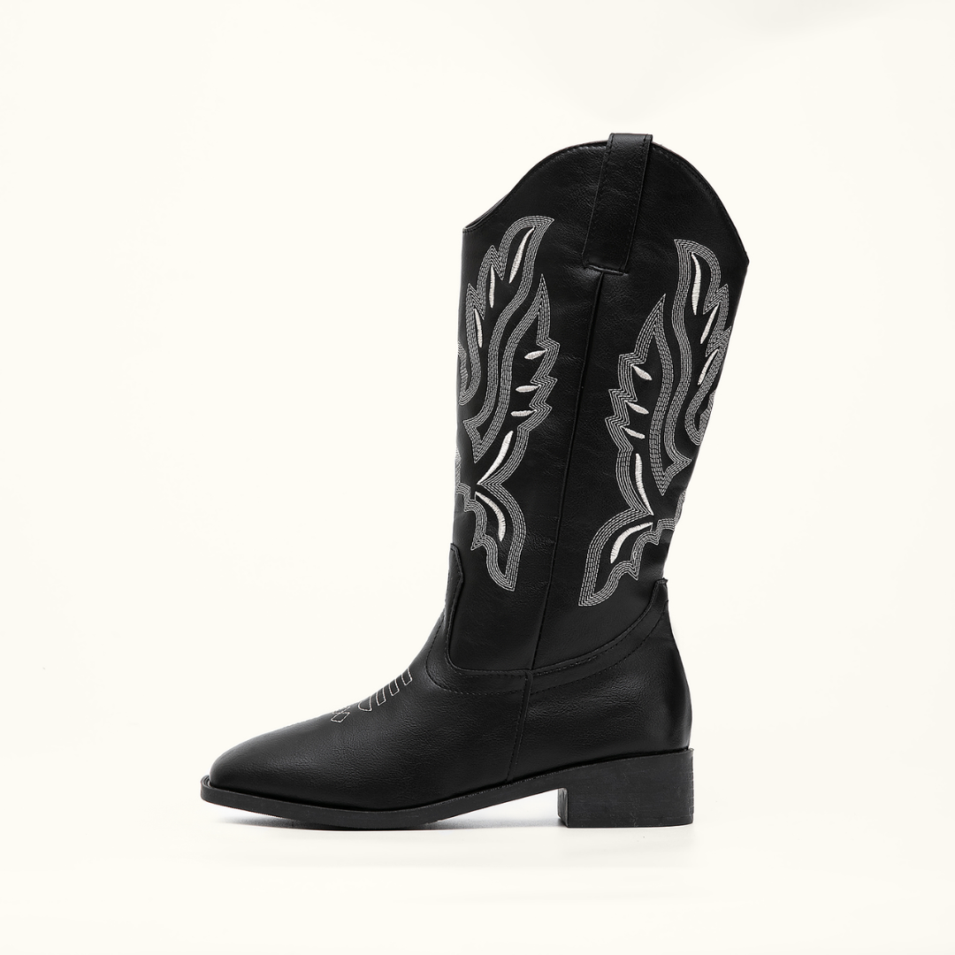  Women Embroidered Pull on Wide Calf Knee High Cowgirl Boots Classic Retro Chunky Heel 
