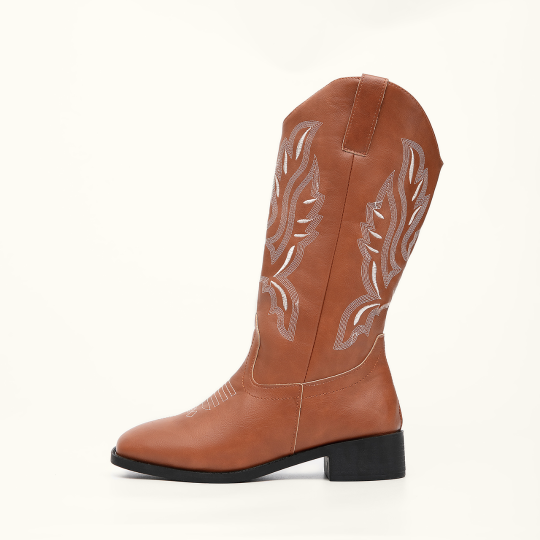  Women Embroidered Pull on Wide Calf Knee High Cowgirl Boots Classic Retro Chunky Heel 