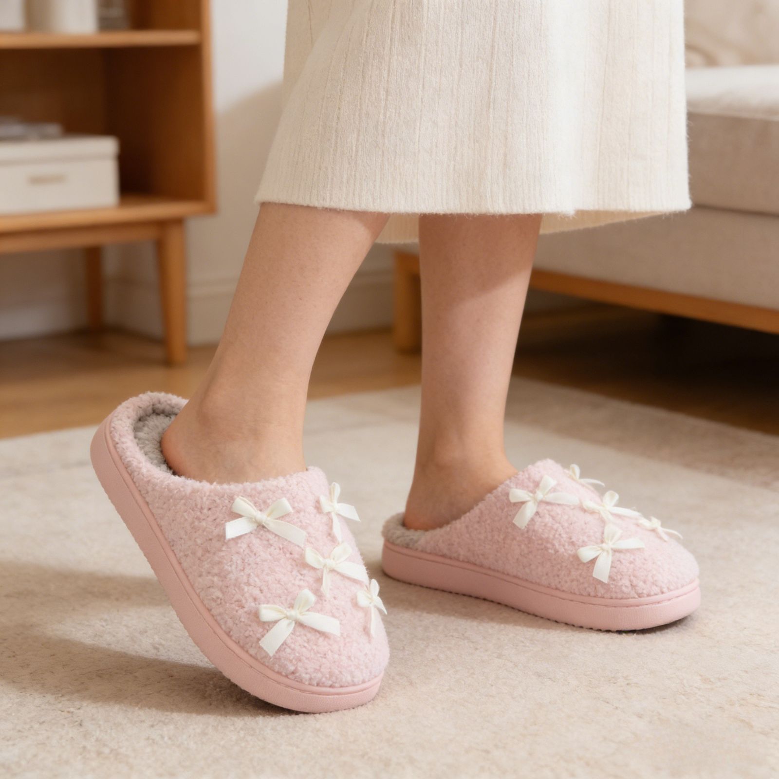  Bow Slippers for Women with Memory Foam Cute Plush House Slippers