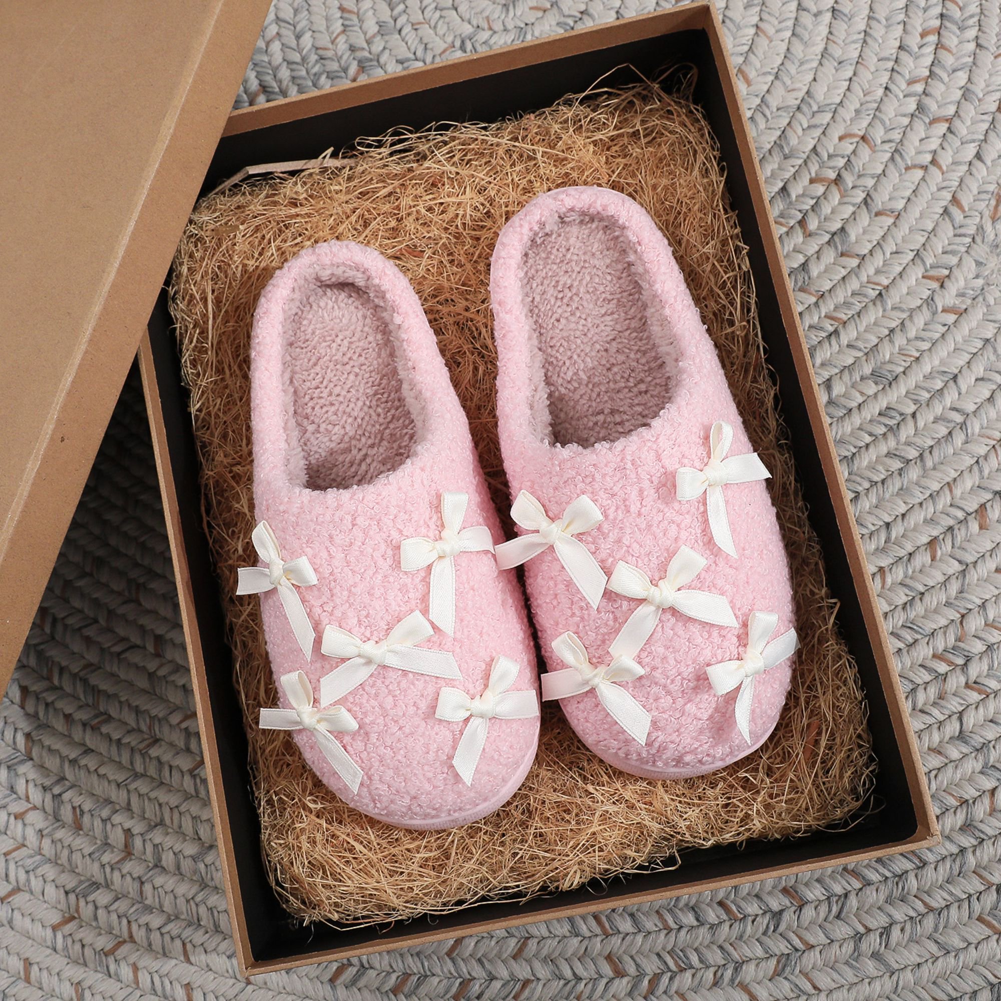  Bow Slippers for Women with Memory Foam Cute Plush House Slippers