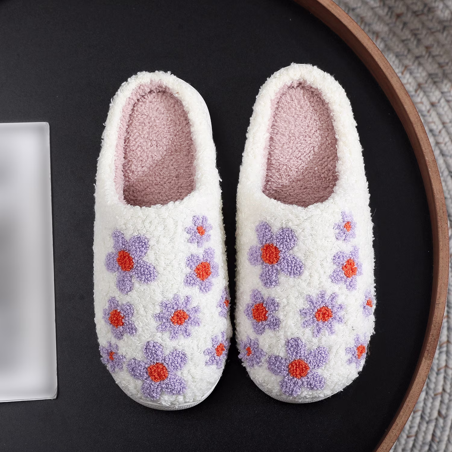 Cute Flower Print Slippers for Women Soft Plush Comfy Warm Slip-On Couple Womens Slippers