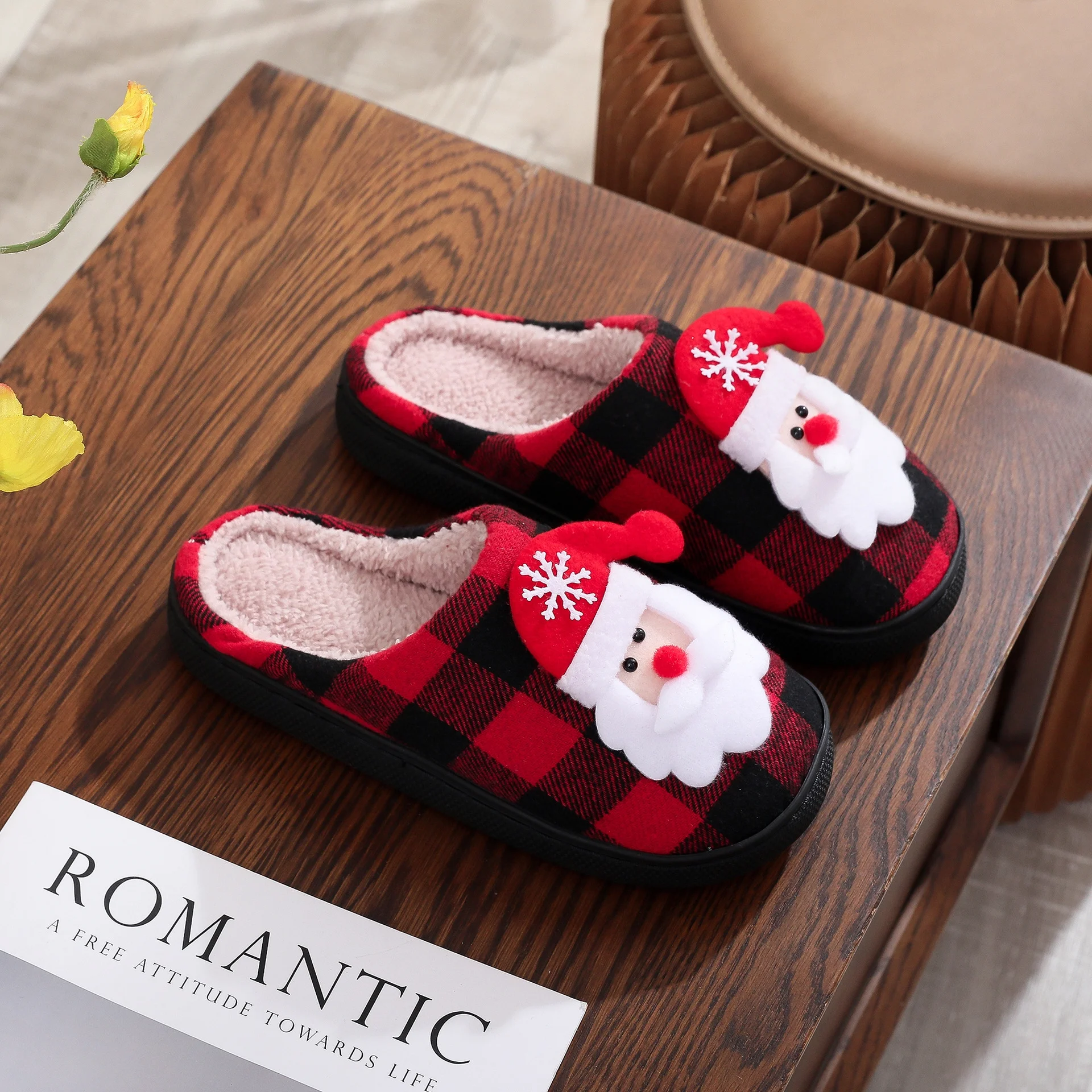  Christmas Slippers for Women and Men Black Red Plaid Santa