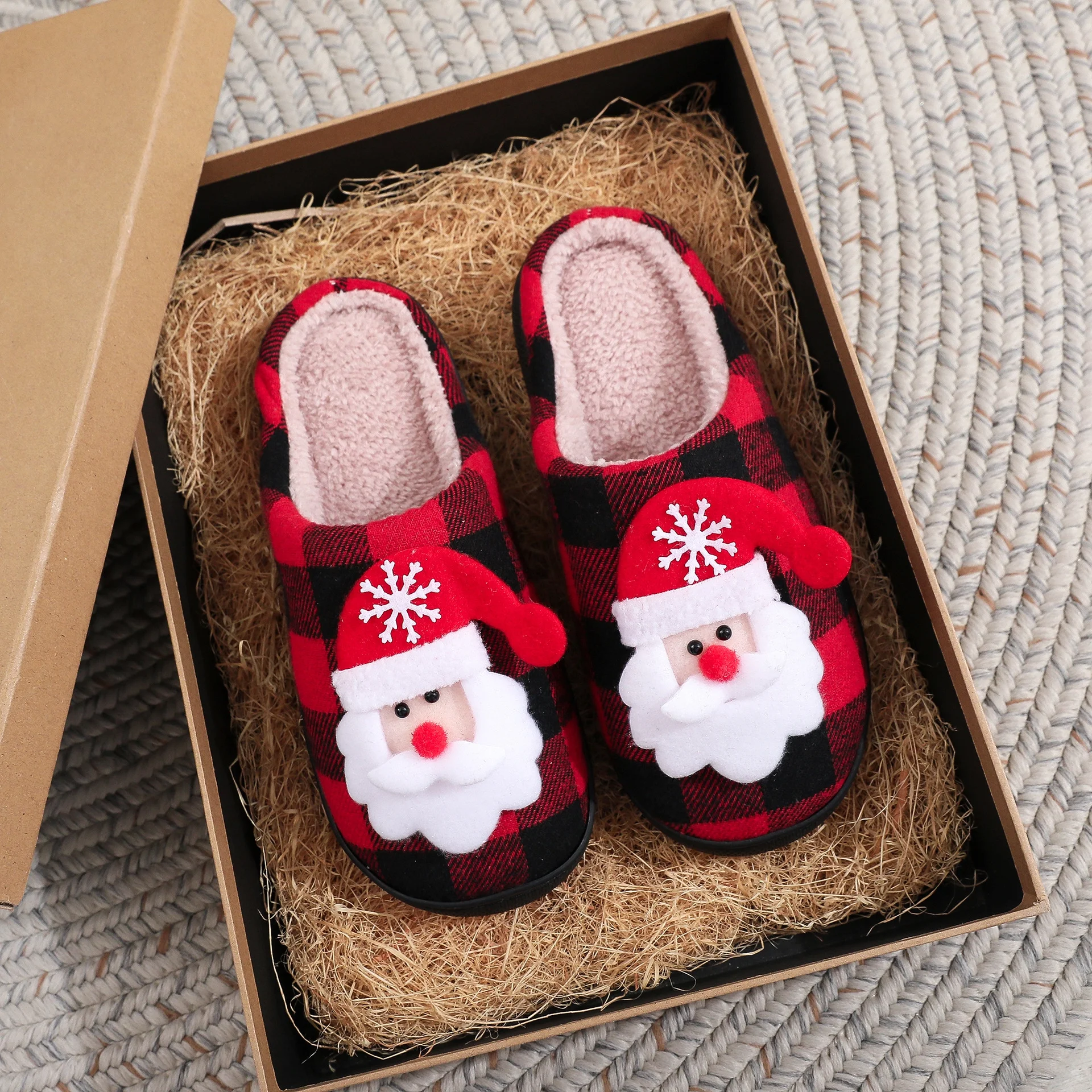  Christmas Slippers for Women and Men Black Red Plaid Santa