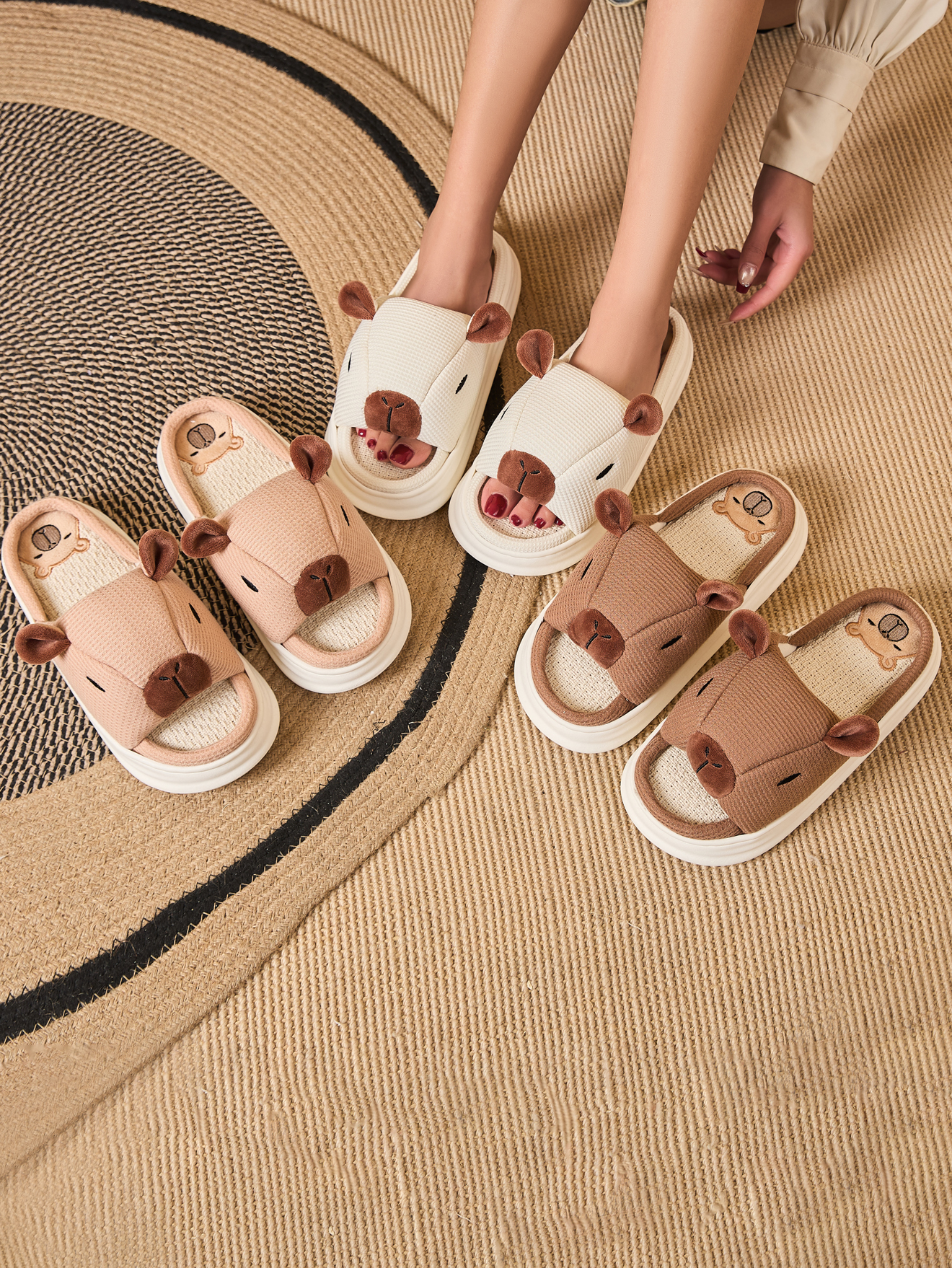  Capibara Linen Slippers for Women Soft Plush Non-Slip Indoor