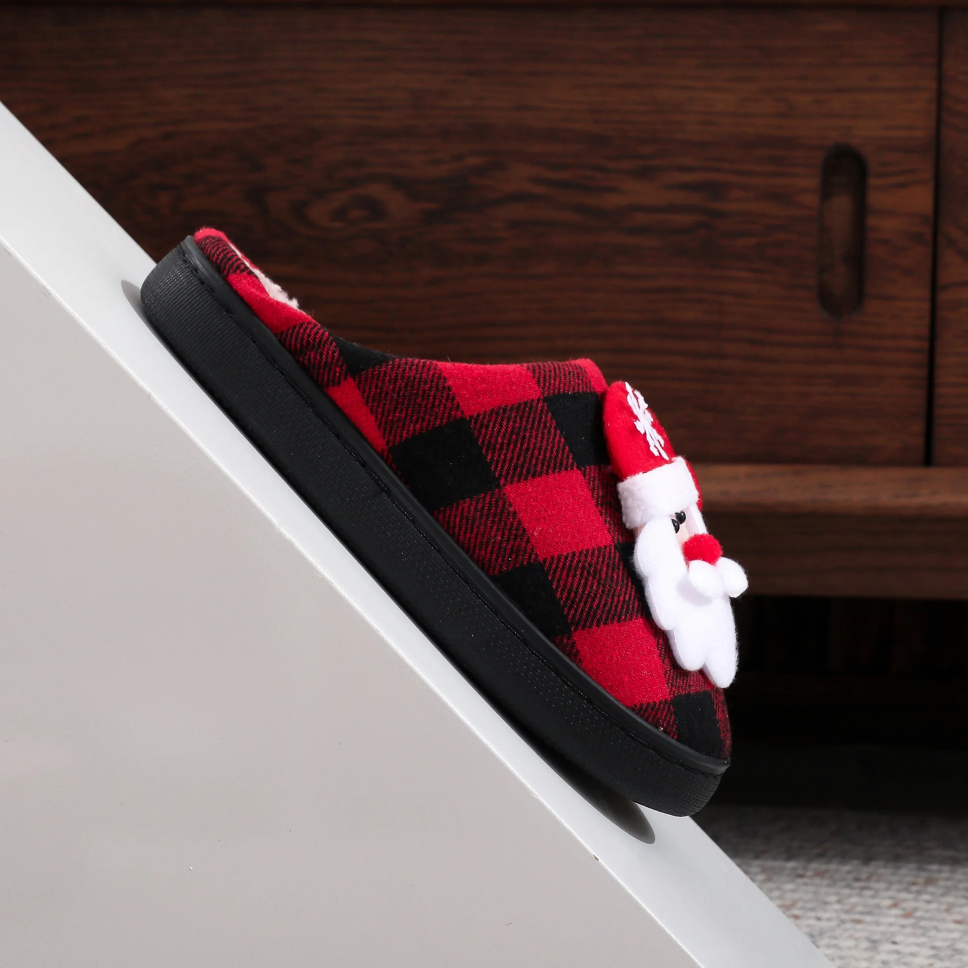  Christmas Slippers for Women and Men Black Red Plaid Santa