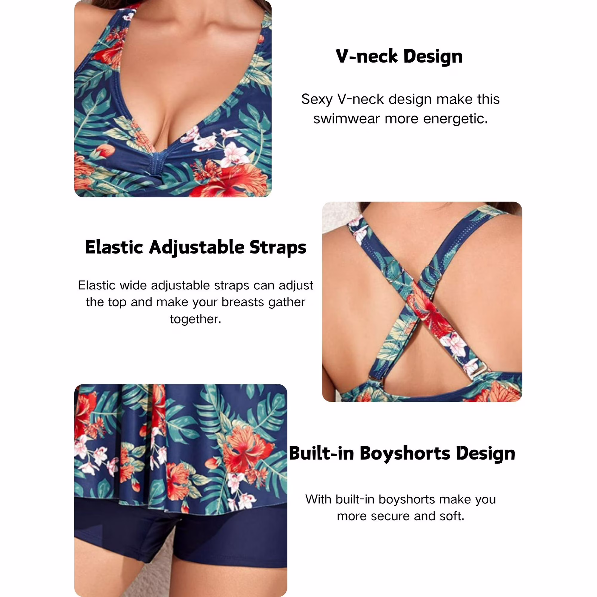 Sexy Deep V Neck Floral Print Tankini Swimsuits for Women