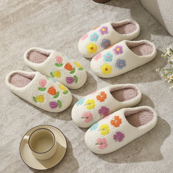 Cute Flower Print Slippers for Women Soft Plush Comfy Warm Slip-On Couple Womens Slippers