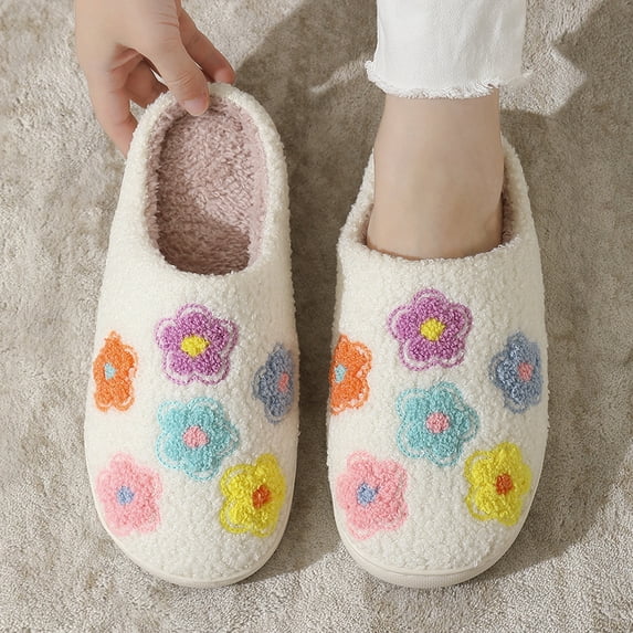 Cute Flower Print Slippers for Women Soft Plush Comfy Warm Slip-On Couple Womens Slippers
