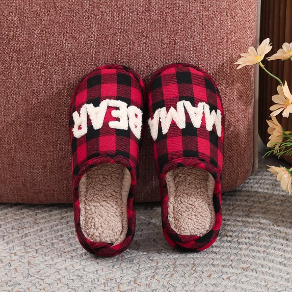 MAMA Bear Slippers for Women Warm Memory Foam Plaid Print Fuzzy Indoor Outdoor 