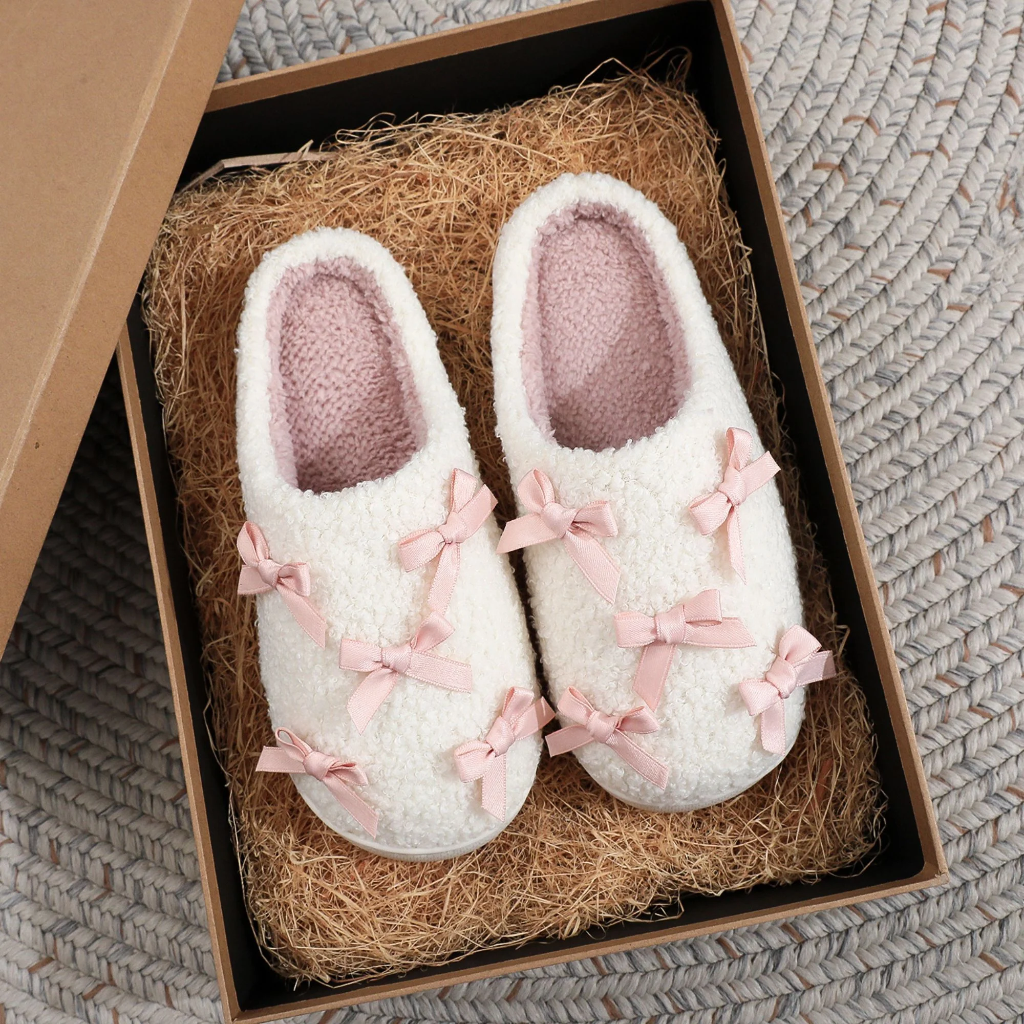  Bow Slippers for Women with Memory Foam Cute Plush House Slippers