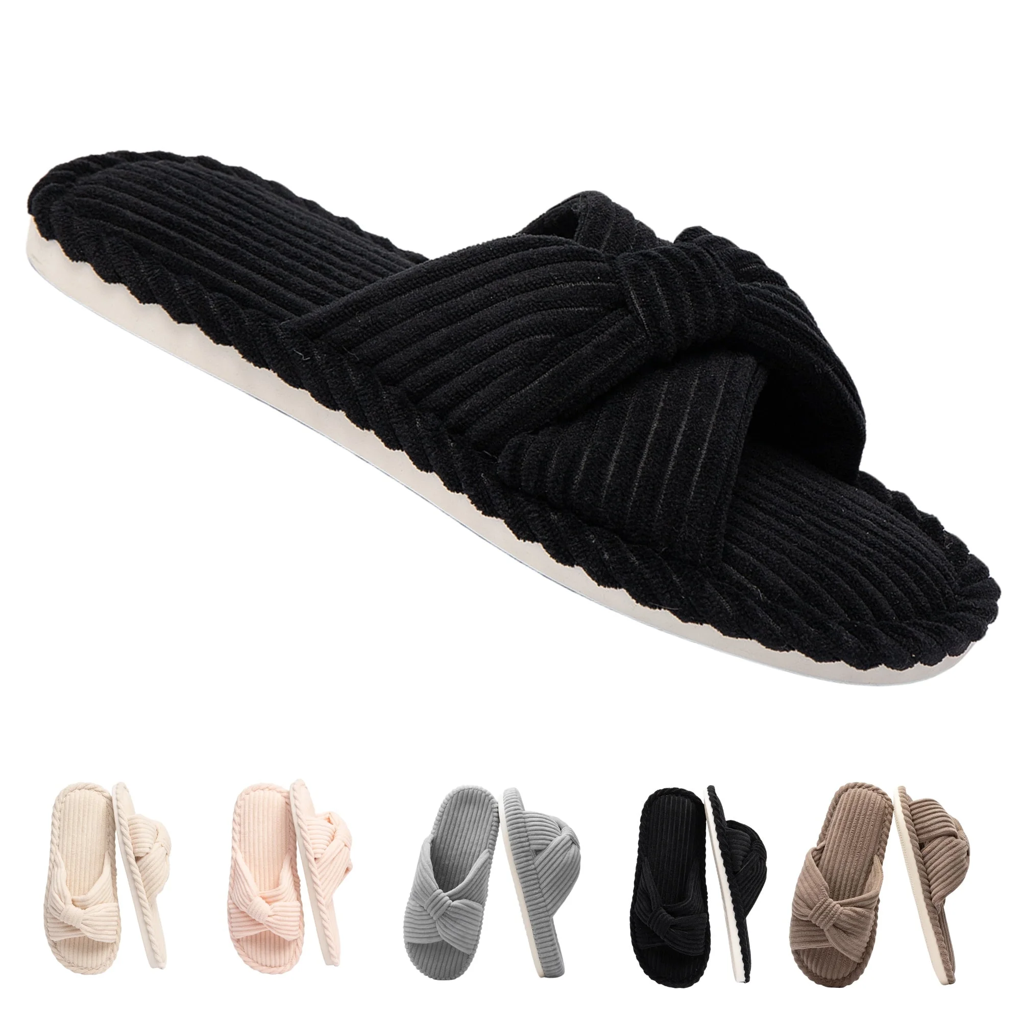 Memory Foam House Bedroom Shoes Corduroy Bow Crossbands 
