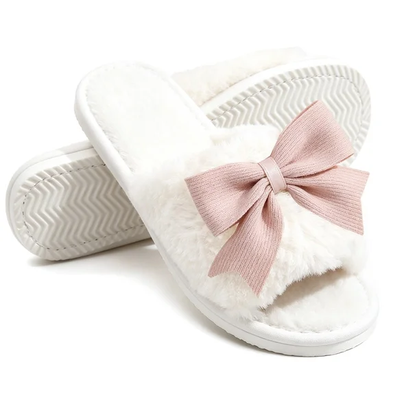 Cute Bow Open Toe Slippers For Womens Plush Womens Slippers