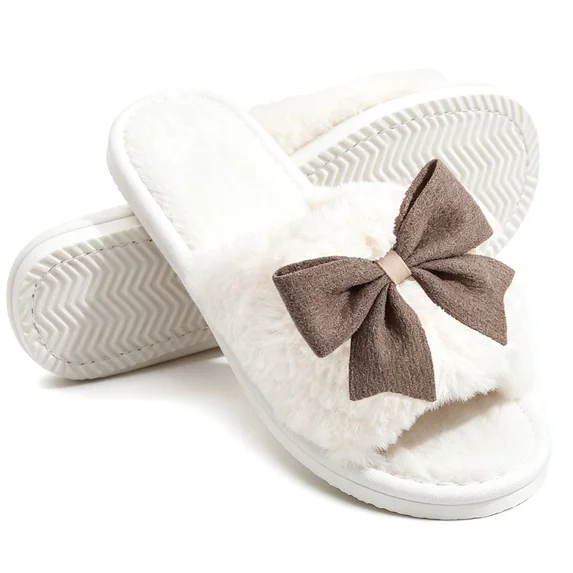 Cute Bow Open Toe Slippers For Womens Plush Womens Slippers