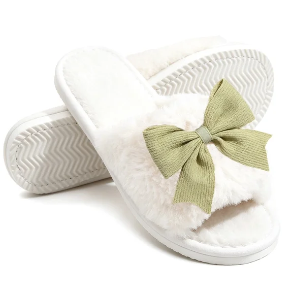 Cute Bow Open Toe Slippers For Womens Plush Womens Slippers