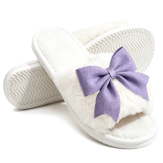 Cute Bow Open Toe Slippers For Womens Plush Womens Slippers