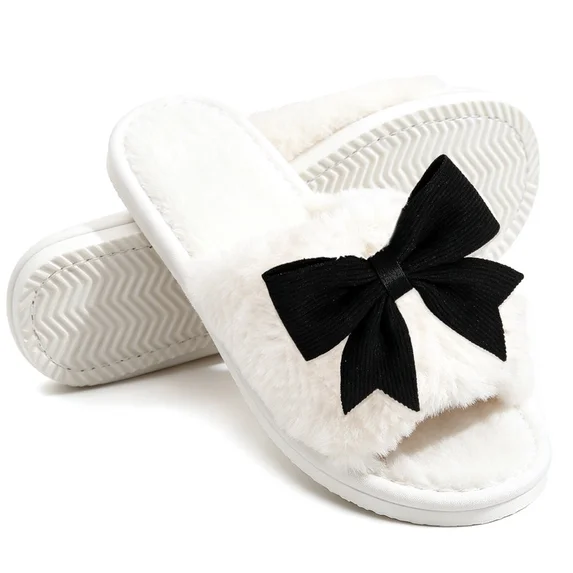 Cute Bow Open Toe Slippers For Womens Plush Womens Slippers