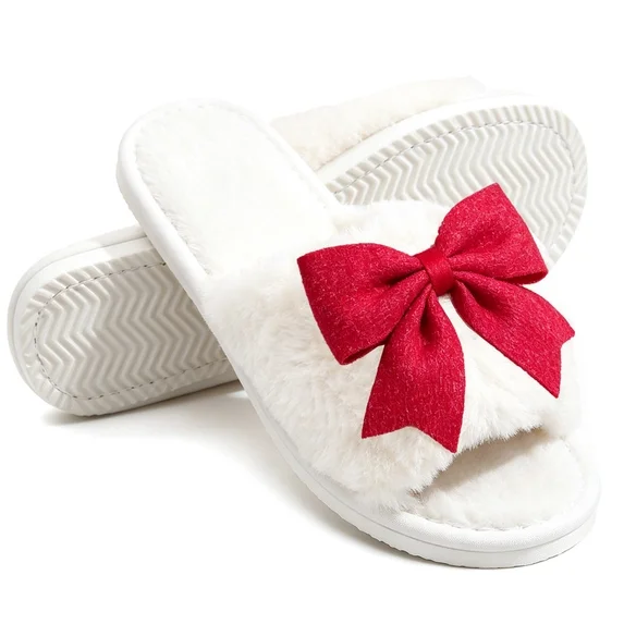 Cute Bow Open Toe Slippers For Womens Plush Womens Slippers