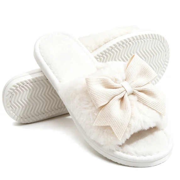 Cute Bow Open Toe Slippers For Womens Plush Womens Slippers
