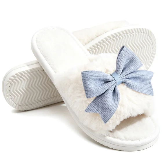 Cute Bow Open Toe Slippers For Womens Plush Womens Slippers