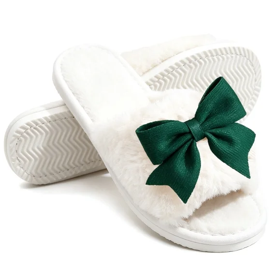 Cute Bow Open Toe Slippers For Womens Plush Womens Slippers