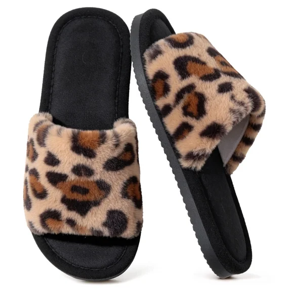 Leopard Open Toe Womens Slippers Cute Soft House Slippers for Women Men