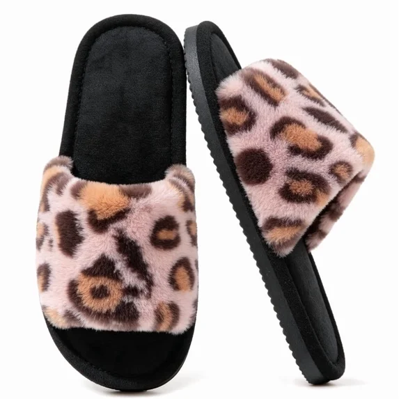 Leopard Open Toe Womens Slippers Cute Soft House Slippers for Women Men