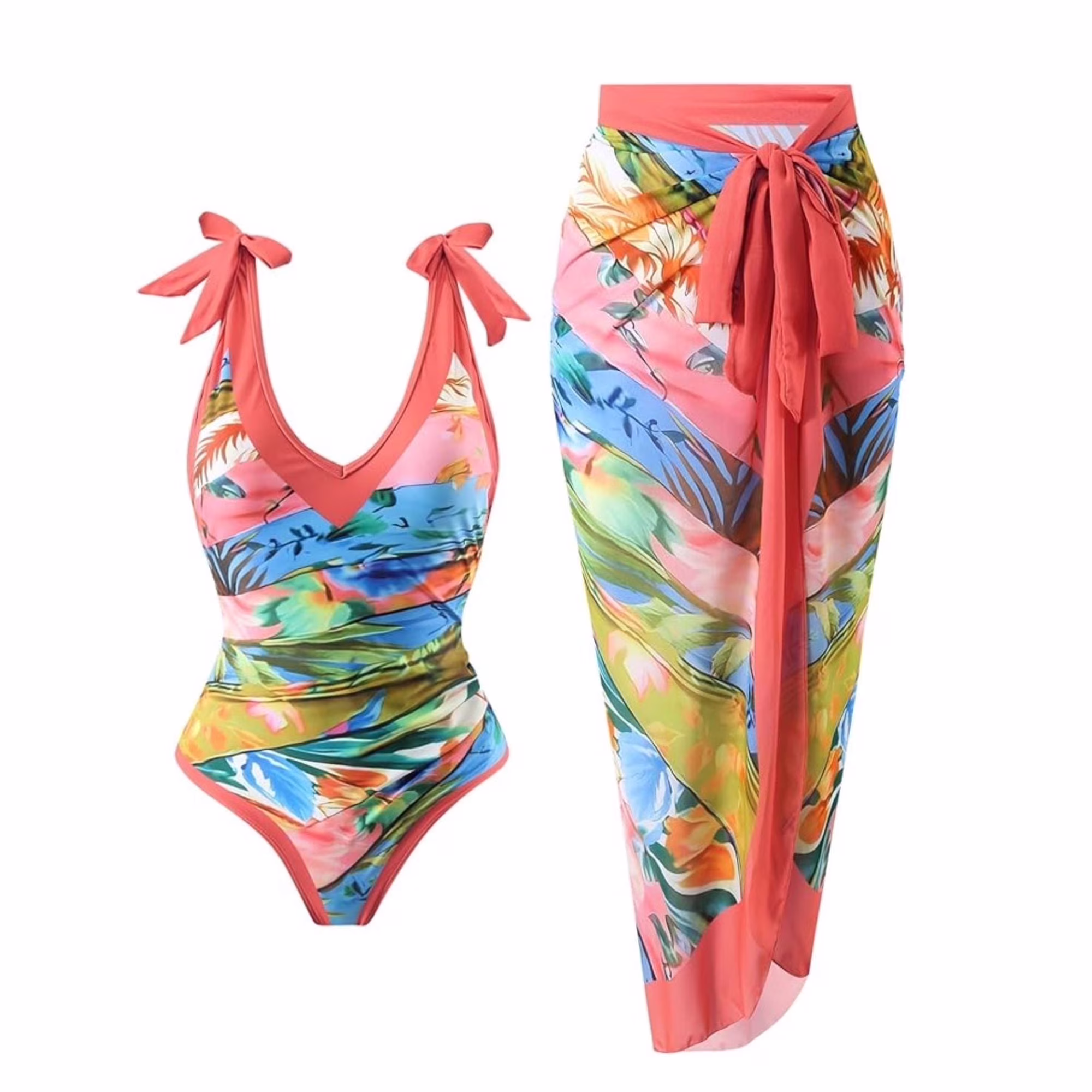 Women's One Piece Swimsuit with Cover up Beach Skirt Sarong