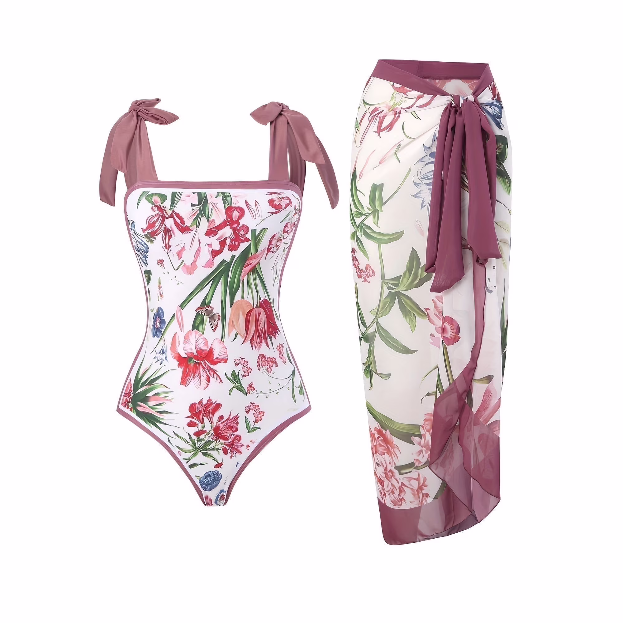 Women's One Piece Swimsuit with Cover up Beach Skirt Sarong