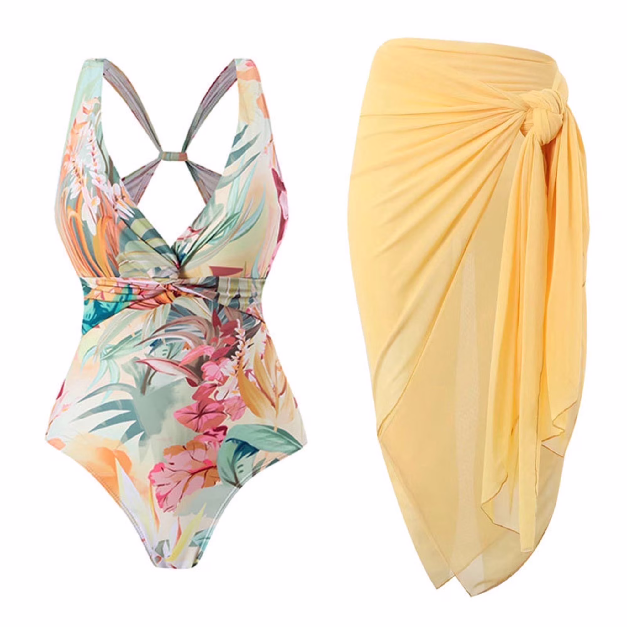 Women's One Piece Swimsuit with Cover up Beach Skirt Sarong