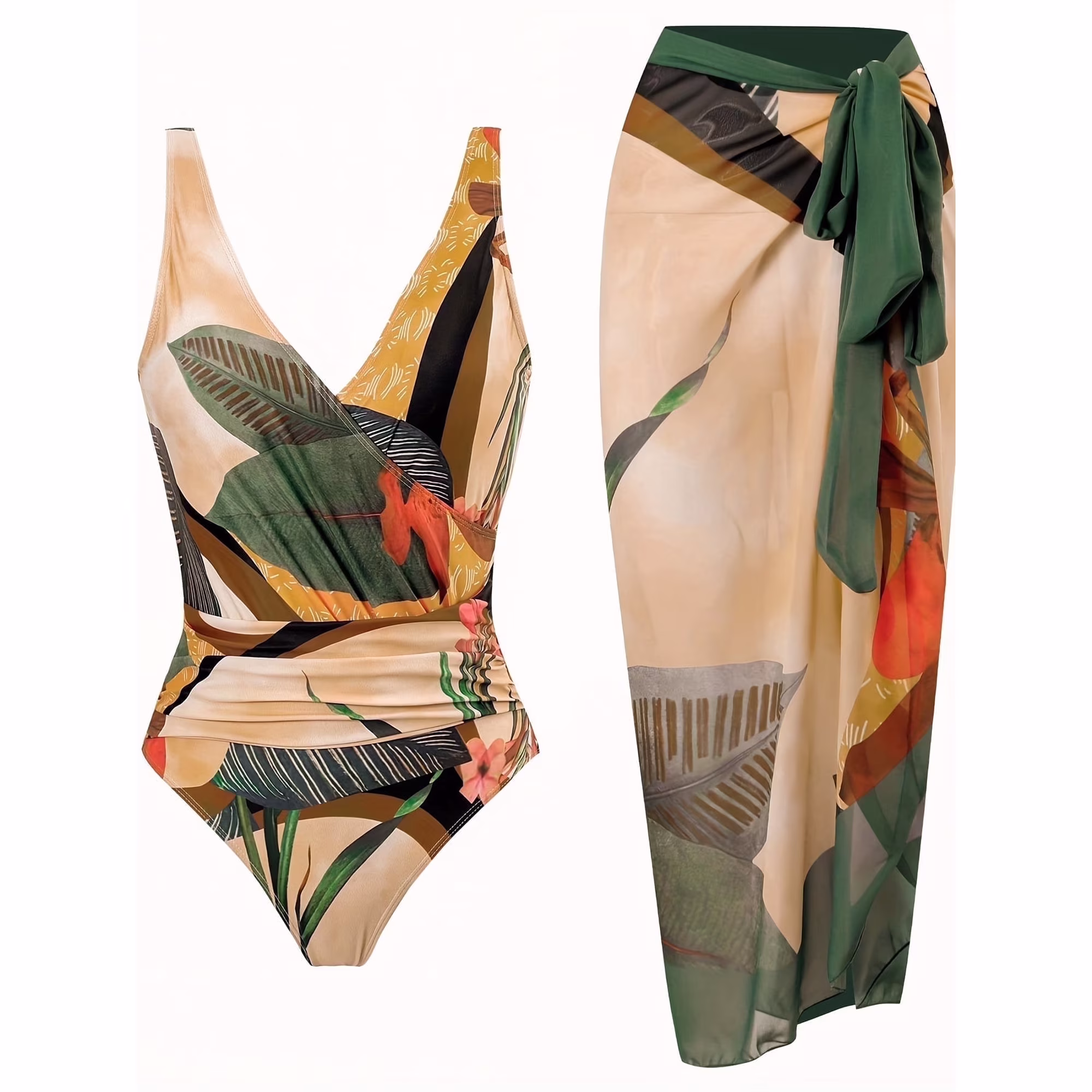 Women's One Piece Swimsuit with Cover up Beach Skirt Sarong