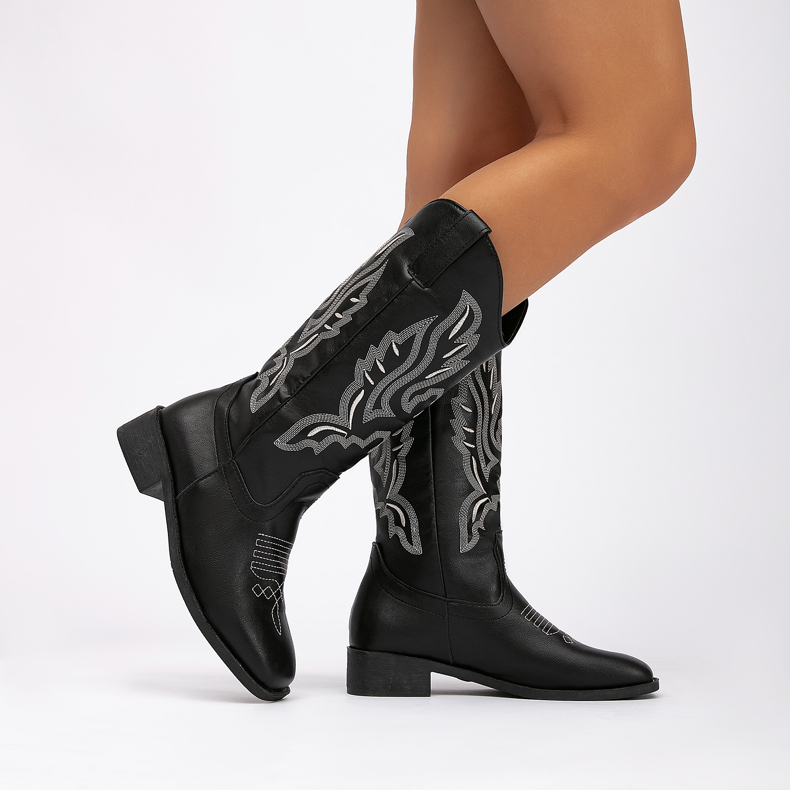  Women Embroidered Pull on Wide Calf Knee High Cowgirl Boots Classic Retro Chunky Heel 