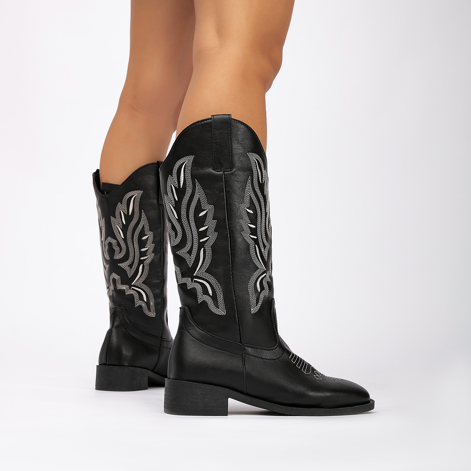  Women Embroidered Pull on Wide Calf Knee High Cowgirl Boots Classic Retro Chunky Heel 
